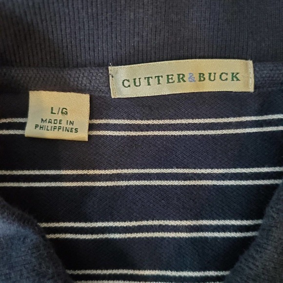 Cutter & Buck Large 1/4 Button Short Sleeve Polo Shirt Navy Blue Striped - Picture 5 of 9